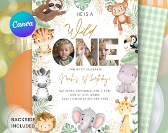 Wild One Birthday Safari Invitation | Jungle Animals 1st Birthday Invite With Photo | Editable Digital Download