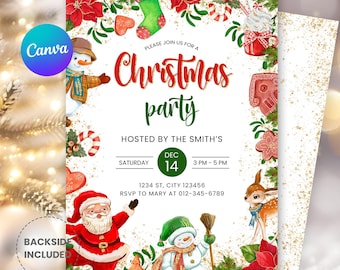 May include: A Christmas party invitation with festive illustrations of Santa Claus, snowmen, and a reindeer. The invitation includes the text "Christmas party" and event details. The design features a white background with gold accents and Christmas-themed graphics.