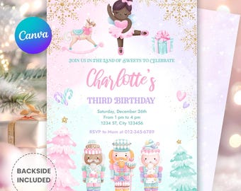May include: A pastel pink and blue birthday party invitation featuring a ballerina, rocking horse, and nutcracker illustrations. The invitation includes the text "Charlotte's Third Birthday" and event details. The Canva logo and "Backside Included" are also visible.