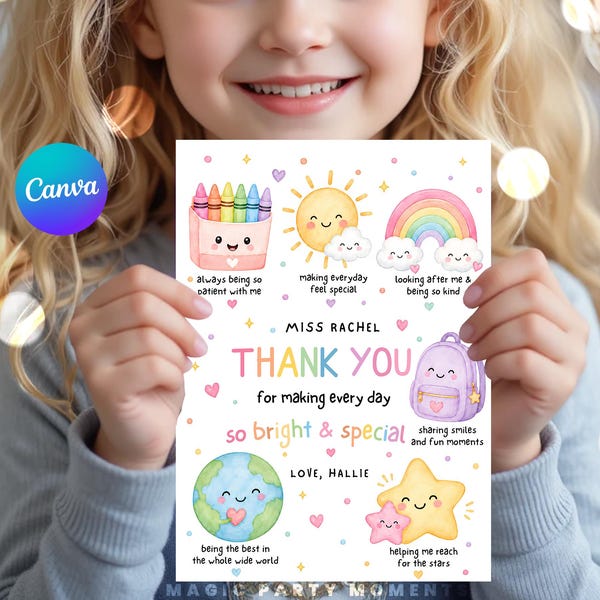 Editable Teacher Thank You Card | 5x7 Printable School Gift | Rainbow Crayon End of Year Card | Canva Template Digital Download