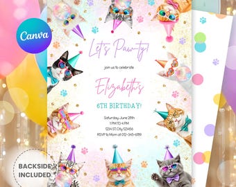 Editable Cat Birthday “Let’s Pawty” Invitation – Kitten Party Invite – Meow Purrfect Birthday – Instant Download C424