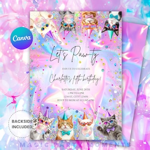 May include: A party invitation with a pastel pink and blue background. The invitation features cartoon cats wearing party hats and sunglasses. Text on the invitation reads "Let's Paw-ty" and details for a fifth birthday party.
