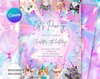 Editable Cat Birthday “Let’s Pawty” Invitation – Neon Kitten Party Invite – Pink Blue Meow Purrfect Birthday – Instant Download
