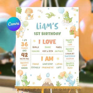 Dinosaur 1st Birthday Milestone Board: Editable Dino Party Decor (Digital)