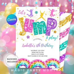 Puede incluir: Una colorida invitación de cumpleaños con las palabras "Let's Jump & Play!" en una fuente juguetona. La invitación incluye el texto "Isabella's 5th Birthday" y los detalles del evento. El diseño presenta figuras saltando y acentos de arcoíris.
