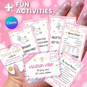 Editable Mini Tooth Fairy Set Pink Receipt and Letter with Envelope Tooth Fairy Kit Lost Tooth Fairy Note Digital Template Printable
