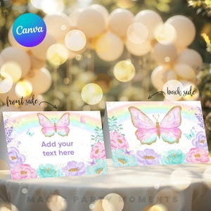 Etiquetas de comida com estampa de borboleta, placas de comida com estampa floral de borboleta editáveis, etiquetas de comida para barraca de comida com estampa de borboleta rosa, etiquetas de comida com estampa de borboleta arco-íris para meninas B109