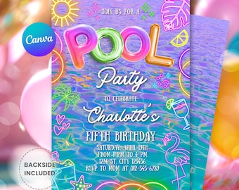 Neon Pool Party Invitation: Editable Tie Dye Birthday Invite (Digital Download)