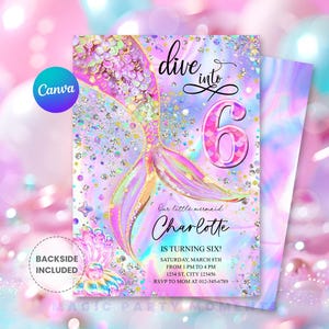 Editable Mermaid Dive into Six 6th Birthday Invitation – Pink Purple Blue Under the Sea Glitter Tail, Holographic (Instant Download) M210