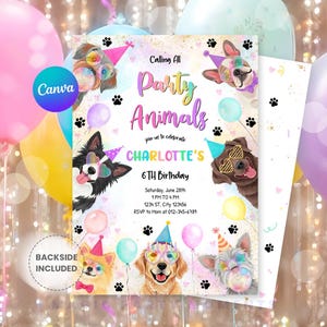 Invito modificabile per la festa di compleanno di cani - Invito per la festa di compleanno di cuccioli, chiamata a tutti gli animali, modello download immediato D280