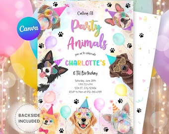Invitación editable para fiesta de cumpleaños de perros: invitación para fiesta de cumpleaños de cachorros, ¡Llamando a todos los animales! Plantilla de descarga instantánea D280