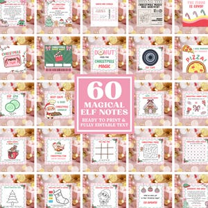 May include: A collection of 60 printable elf notes featuring various Christmas-themed designs, games, and activities. Each square card displays colorful illustrations, holiday text, and interactive elements like mazes, word searches, and tic-tac-toe grids.