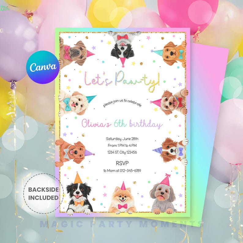 Editable Rainbow Dog Birthday Invitation – Puppy Party Invite, Let’s ...