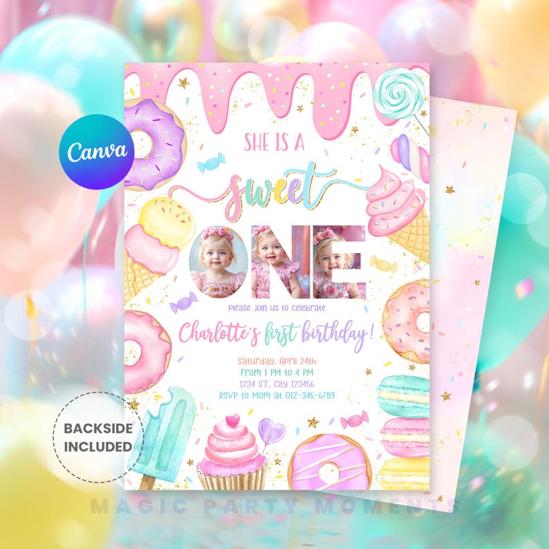 Boho-themed "Sweet One" 1st birthday invitation for girls with photo, featuring soft pastel colors, donuts, candy, and whimsical design. Perfect for a girl's first birthday celebration, this editable digital template includes a spot for your child's photo and is available as an instant download. Great for donut party themes and sweet one birthday parties.