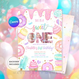 Boho-themed "Sweet One" 1st birthday invitation for girls with photo, featuring soft pastel colors, donuts, candy, and whimsical design. Perfect for a girl's first birthday celebration, this editable digital template includes a spot for your child's photo and is available as an instant download. Great for donut party themes and sweet one birthday parties.