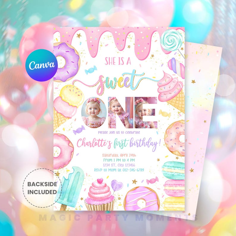 Boho-themed "Sweet One" 1st birthday invitation for girls with photo, featuring soft pastel colors, donuts, candy, and whimsical design. Perfect for a girl's first birthday celebration, this editable digital template includes a spot for your child's photo and is available as an instant download. Great for donut party themes and sweet one birthday parties.