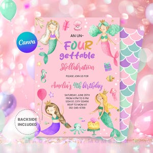 Può includere: Un biglietto d'invito di compleanno rosa con quattro sirene illustrate, una torta, creature marine e regali. Il testo recita: AN UN-FOUR gettable Shellabration, PLEASE JOIN US FOR Amelia's 4th birthday, SATURDAY, JUNE 20TH, FROM 4 PM TO 6 PM.