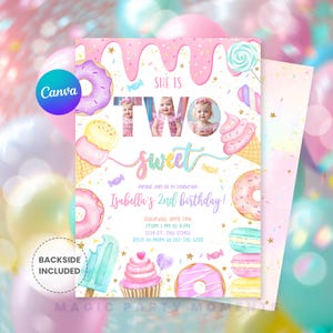 Editable "Two Sweet" 2nd birthday photo invitation for girls featuring pastel ice cream, donuts, and candy-themed design. Perfect for a sweet celebration, this printable party invite includes a spot for your child's photo and is ideal for dessert-themed second birthdays. Instant download and easy to personalize.