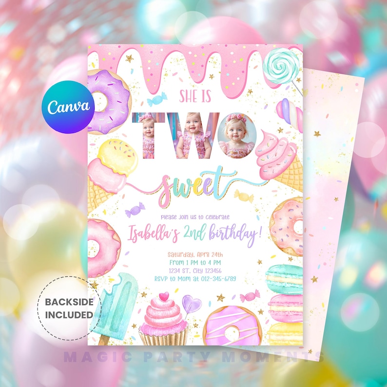 Editable "Two Sweet" 2nd birthday photo invitation for girls featuring pastel ice cream, donuts, and candy-themed design. Perfect for a sweet celebration, this printable party invite includes a spot for your child's photo and is ideal for dessert-themed second birthdays. Instant download and easy to personalize.