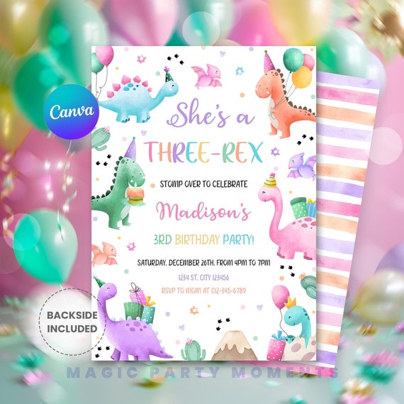 Editable Pastel Dinosaur Birthday Invitation – Three Rex Girl Party, Cute Pink Dino Template, Printable Dino Invite, Instant Download D127