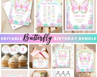 Editable Butterfly Birthday Bundle – Girl Birthday Invitation Set, Floral Rainbow Butterfly Party Package, Instant Download B109