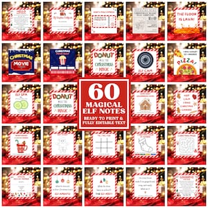 Könnte beinhalten: Eine Sammlung von 60 druckbaren Weihnachts-Elf-Notizen mit verschiedenen festlichen Designs, Spielen und Nachrichten, darunter Adoptionszertifikate, Filmabend-Karten, Labyrinthe und Aktivitätsblätter mit rot-weiß gestreiften Rändern.