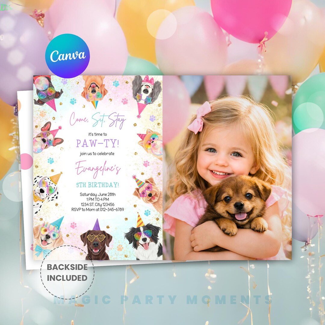 Editable Dogs Birthday Invitation – Puppy Birthday Party Animal Photo ...