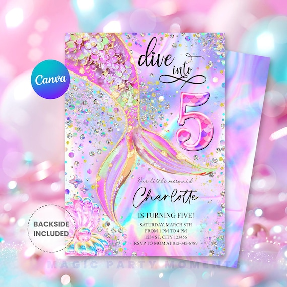 Editable Mermaid 5th Birthday Invitation – Dive into Five Under the Sea Party, Pink Purple Blue Glitter Tail (Instant Download) M210