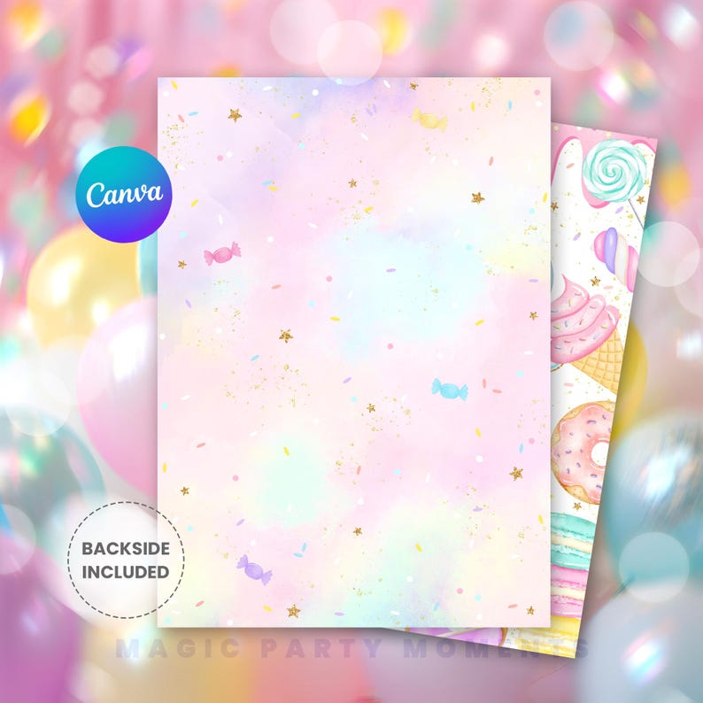 Editable "Two Sweet" 2nd birthday photo invitation for girls featuring pastel ice cream, donuts, and candy-themed design. Perfect for a sweet celebration, this printable party invite includes a spot for your child's photo and is ideal for dessert-themed second birthdays. Instant download and easy to personalize.