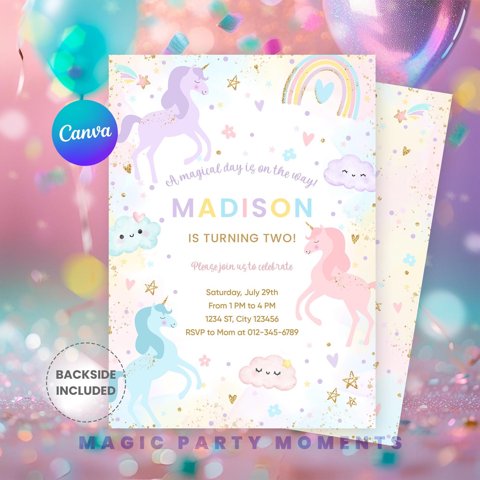 Editable Unicorn Birthday Invitation – Magical Pastel Rainbow Whimsical ...