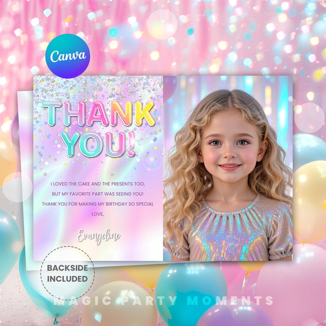 Editable Birthday Thank You Card With Photo | Rainbow Glitter Neon ...