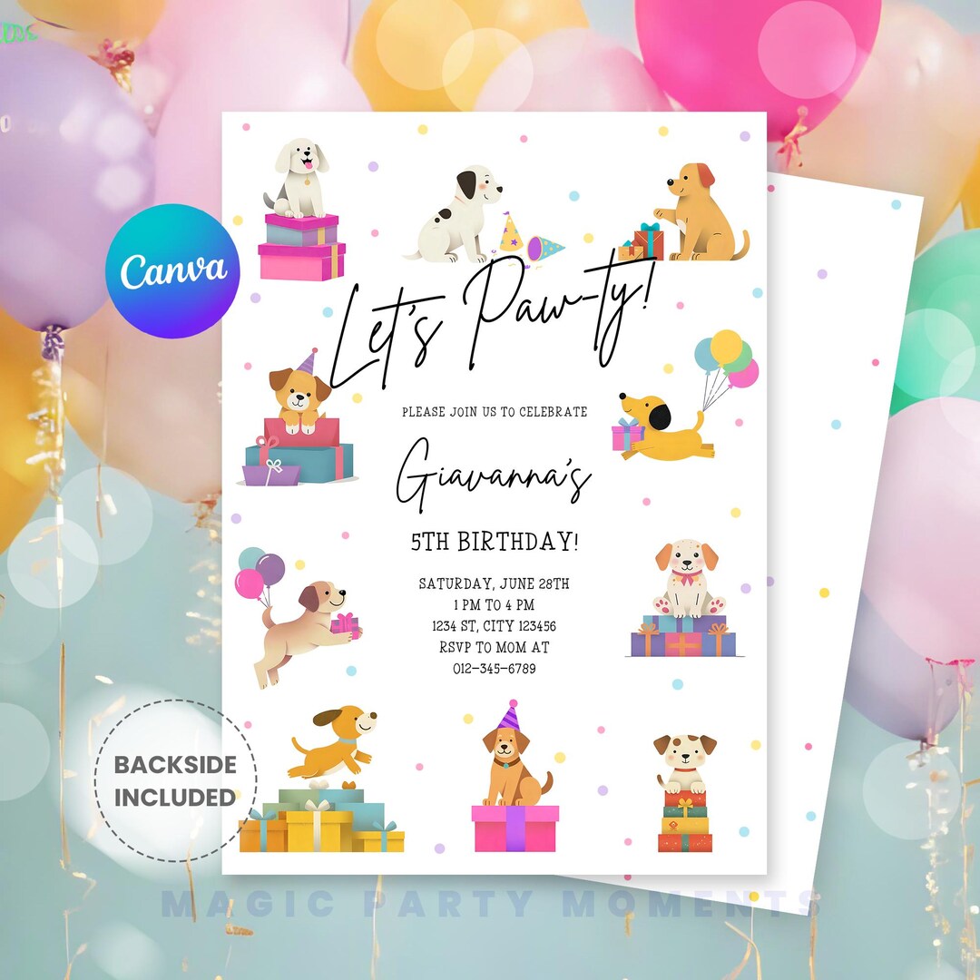 Editable Dogs Birthday Party Invitation – Puppy Birthday Party Animal ...
