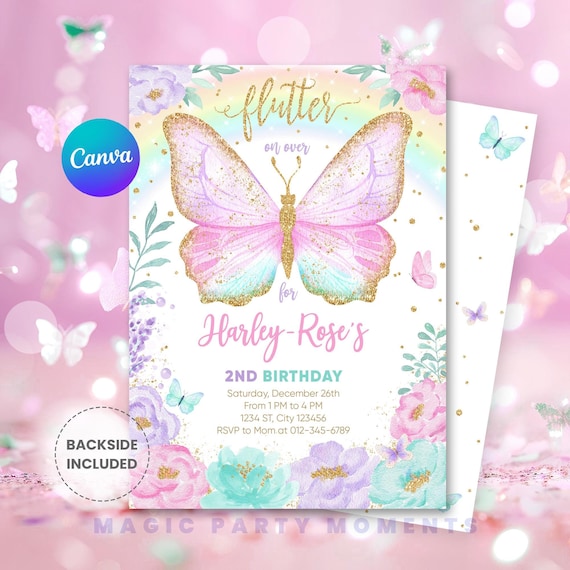 Editable Butterfly Birthday Invitation – Rainbow Floral Garden Party Invite, Whimsical Design, Instant Download M109
