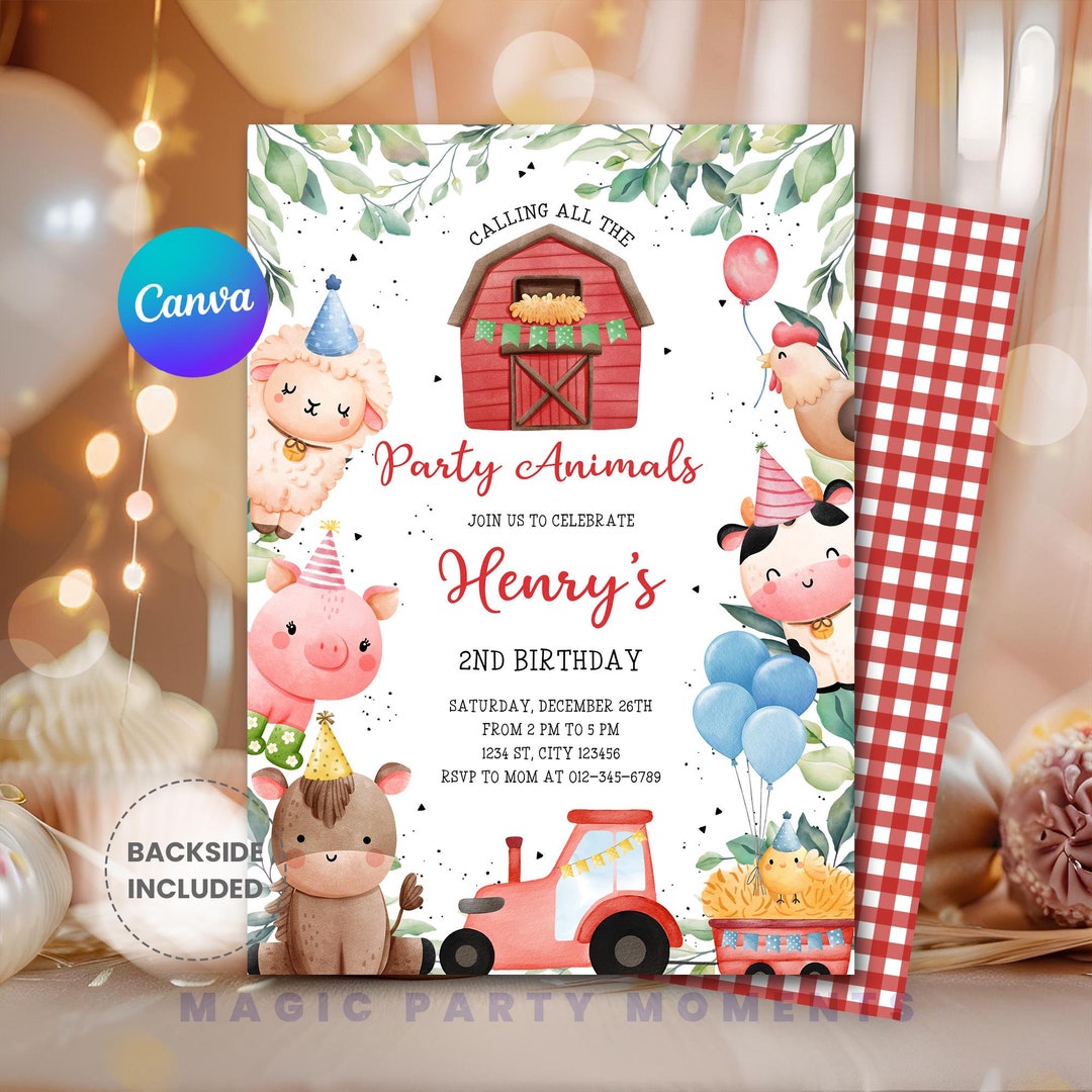 Editable Farm Animals Birthday Invitation – Barnyard Boy Red Farm Party ...