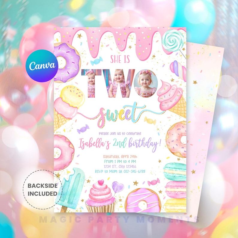 Editable "Two Sweet" 2nd birthday photo invitation for girls featuring pastel ice cream, donuts, and candy-themed design. Perfect for a sweet celebration, this printable party invite includes a spot for your child's photo and is ideal for dessert-themed second birthdays. Instant download and easy to personalize.
