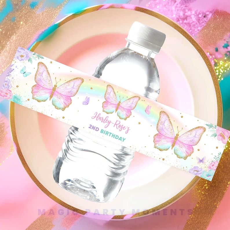 Pink Butterfly Label Editable Butterfly Birthday Bottle Label – Floral Favors & Party Decor ...