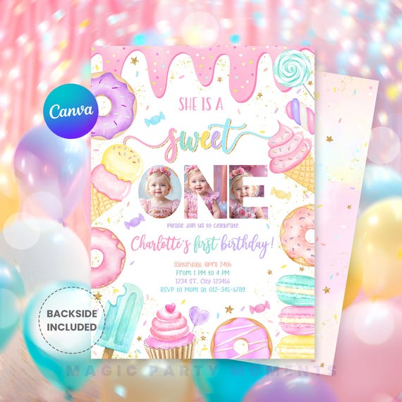 Editable Sweet One 1st Birthday Invitation – Donut Theme Photo Birthday Invite for Girl, She's a Sweet One (Digital Download) S270