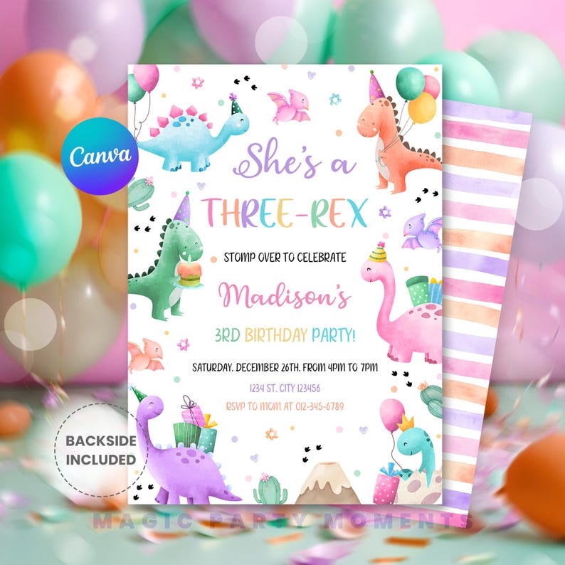 Editable Pastel Dinosaur Birthday Invitation – Three Rex Girl Party ...