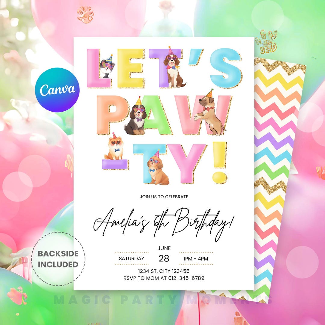 Editable Puppy Party Invitation – Birthday Pawty Girl Dog Party Evite ...