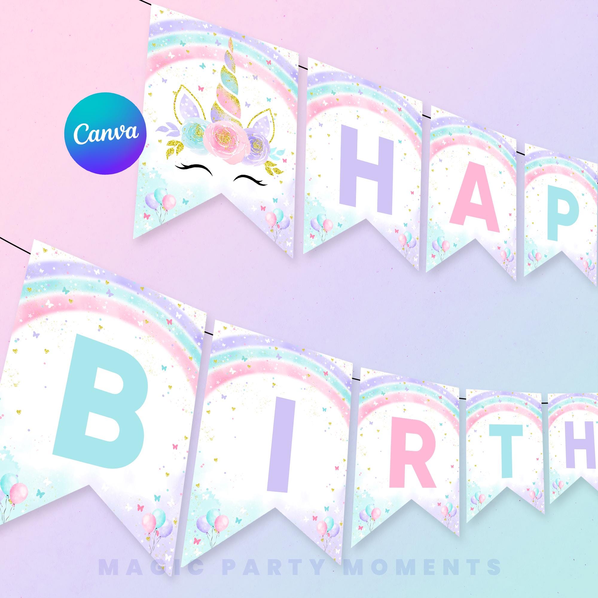 Editable Unicorn Birthday Banner Magical Pastel Rainbow Unicorn Whimsical Fairytale Unicorn Party Instant Download U21