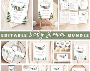 May include: A collection of baby shower stationery with a winter theme. The designs include invitations, welcome signs, game sheets, and thank you cards. The text "Baby, it's cold outside" is featured on several items, along with illustrations of baby clothes.