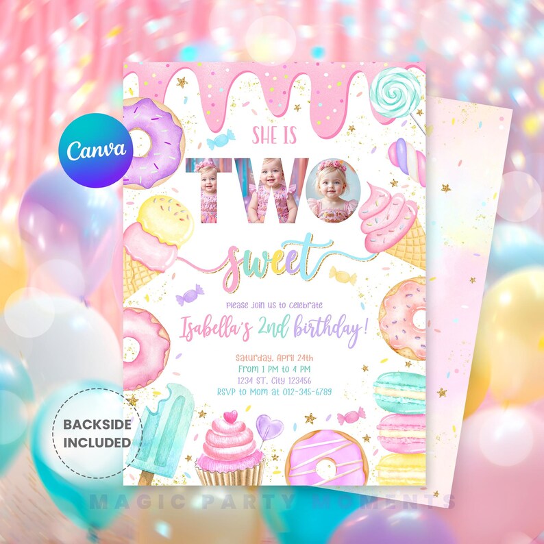 Editable "Two Sweet" 2nd birthday photo invitation for girls featuring pastel ice cream, donuts, and candy-themed design. Perfect for a sweet celebration, this printable party invite includes a spot for your child's photo and is ideal for dessert-themed second birthdays. Instant download and easy to personalize.