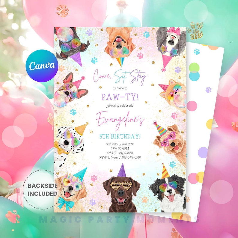 Editable Rainbow Girl Birthday Invitation – Printable Dog Party Invite ...