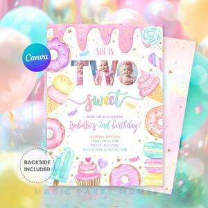 Editable "Two Sweet" 2nd birthday photo invitation for girls featuring pastel ice cream, donuts, and candy-themed design. Perfect for a sweet celebration, this printable party invite includes a spot for your child's photo and is ideal for dessert-themed second birthdays. Instant download and easy to personalize.