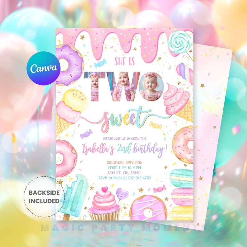 Editable "Two Sweet" 2nd birthday photo invitation for girls featuring pastel ice cream, donuts, and candy-themed design. Perfect for a sweet celebration, this printable party invite includes a spot for your child's photo and is ideal for dessert-themed second birthdays. Instant download and easy to personalize.