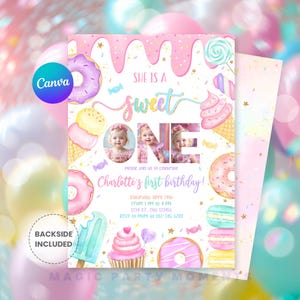 Boho-themed "Sweet One" 1st birthday invitation for girls with photo, featuring soft pastel colors, donuts, candy, and whimsical design. Perfect for a girl's first birthday celebration, this editable digital template includes a spot for your child's photo and is available as an instant download. Great for donut party themes and sweet one birthday parties.