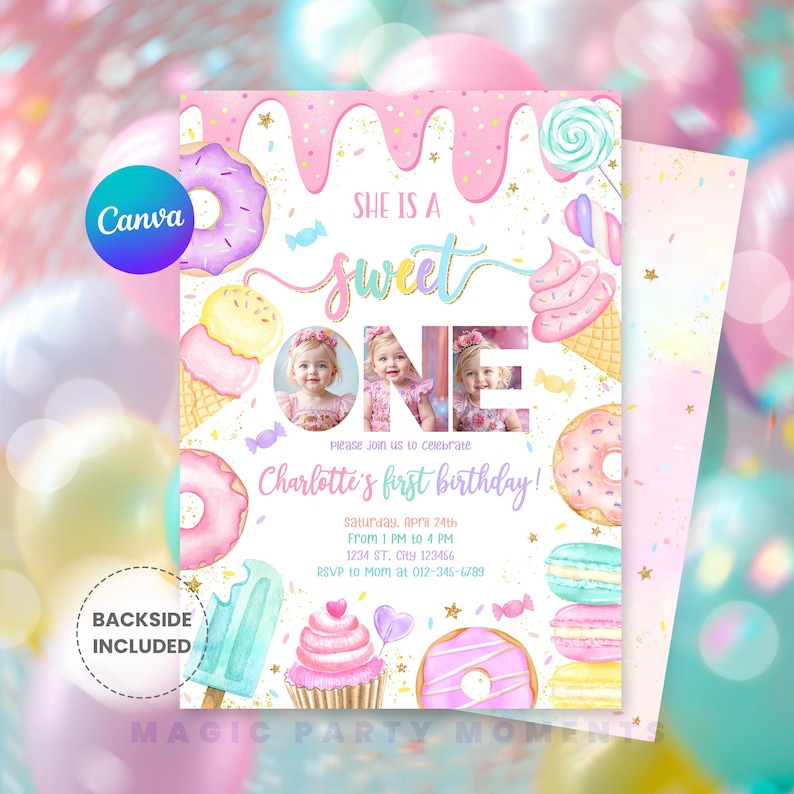 Boho-themed "Sweet One" 1st birthday invitation for girls with photo, featuring soft pastel colors, donuts, candy, and whimsical design. Perfect for a girl's first birthday celebration, this editable digital template includes a spot for your child's photo and is available as an instant download. Great for donut party themes and sweet one birthday parties.