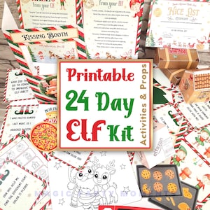 Puede incluir: Una colección de actividades e implementos imprimibles con temática navideña, que incluyen cartas de un elfo, un certificado de lista de buenos y páginas para colorear. La imagen central dice "Printable 24 Day Elf Kit."