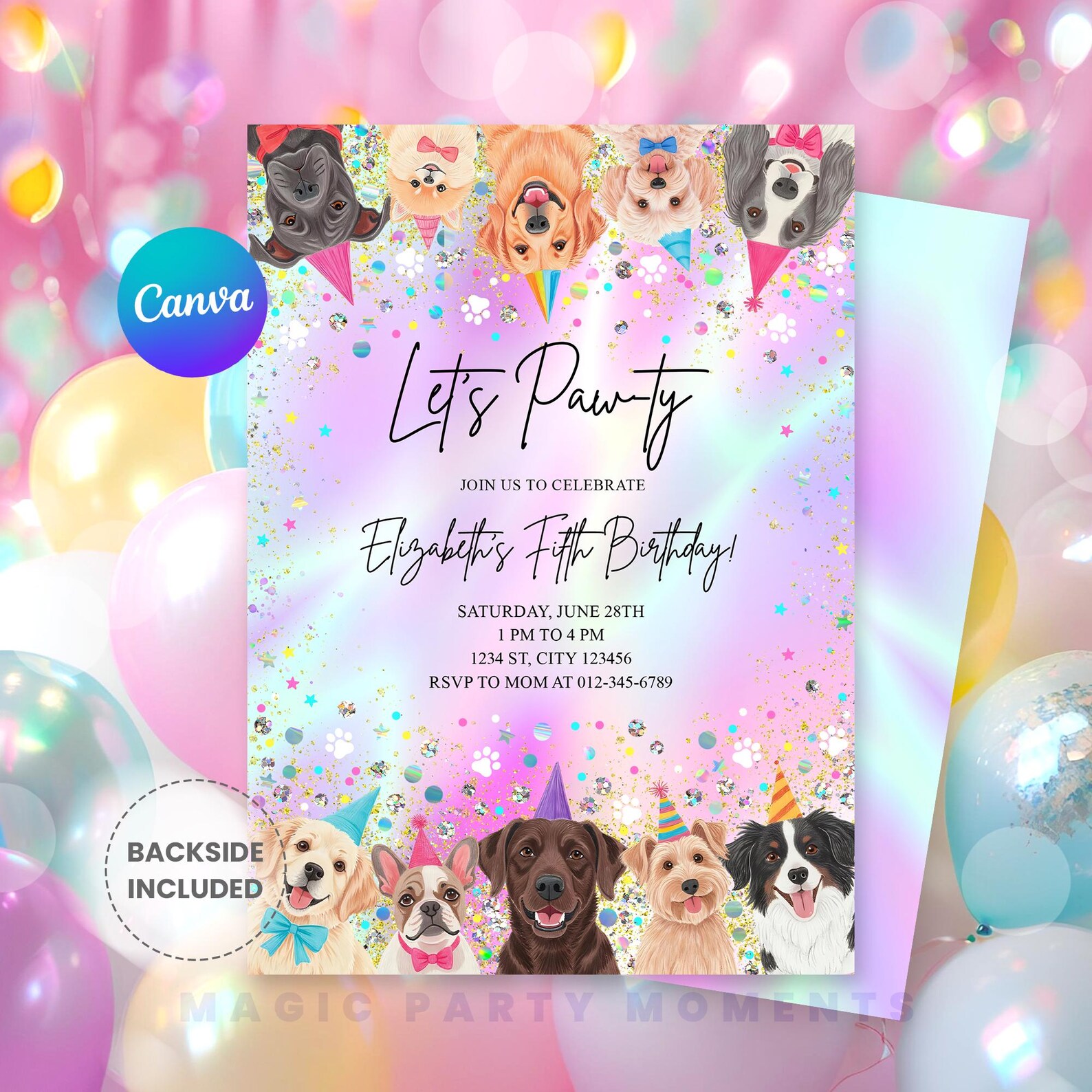 Editable Pink Girl Dog Birthday Invitation – Glitter Puppy Pet Party ...