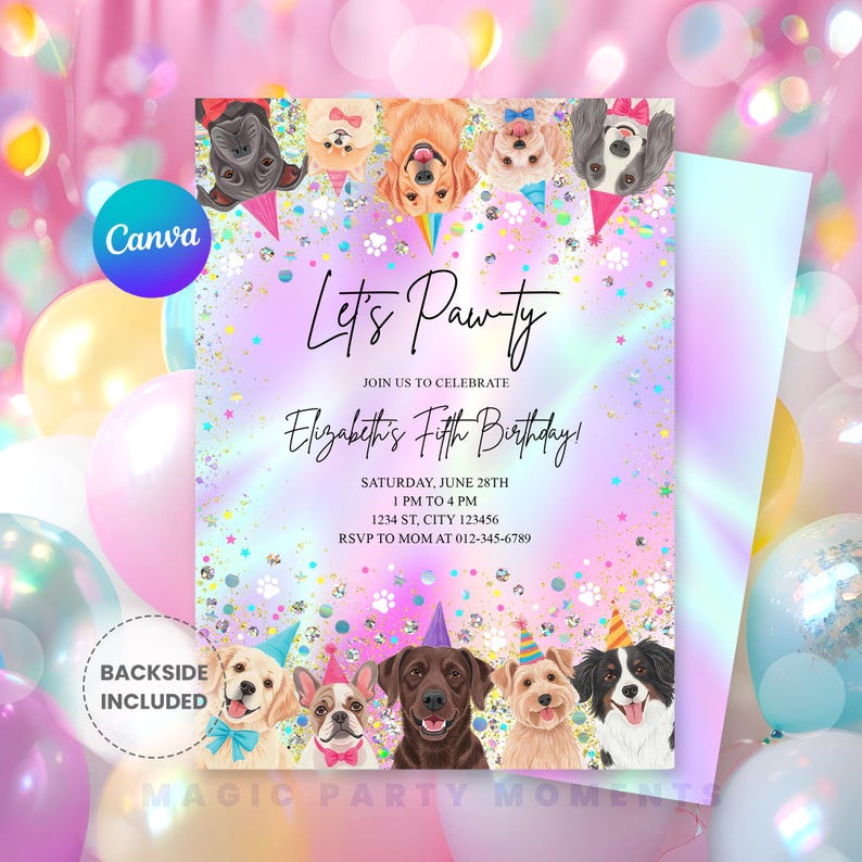 Editable Pink Girl Dog Birthday Invitation – Glitter Puppy Pet Party ...